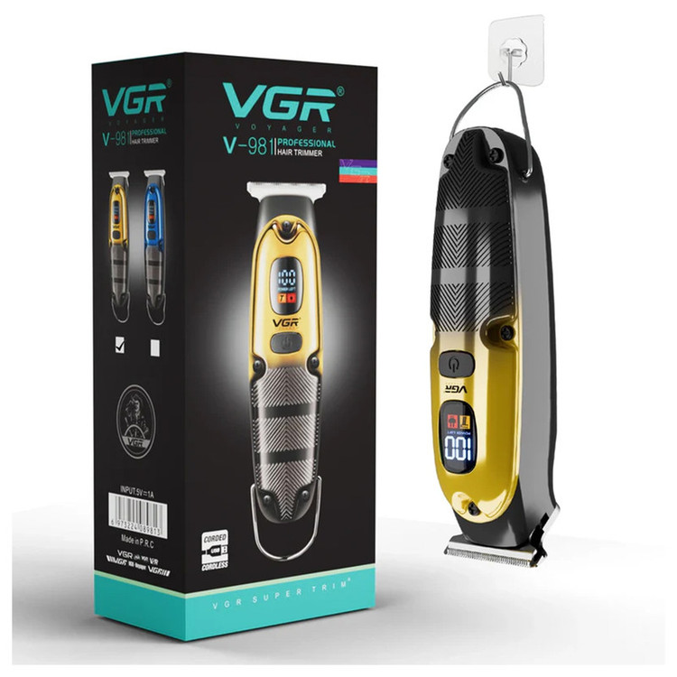 ماشین اصلاح موی صورت وی جی ار مدل V-981 با تیغه استیل ضد زنگ، عملکرد توربو، طراحی ارگونومیک، شارژ سریع 90 دقیقه و استفاده 150 دقیقه، دارای نمایشگر LED و 3 شانه اصلاح 1، 2 و 3 میلیمتری