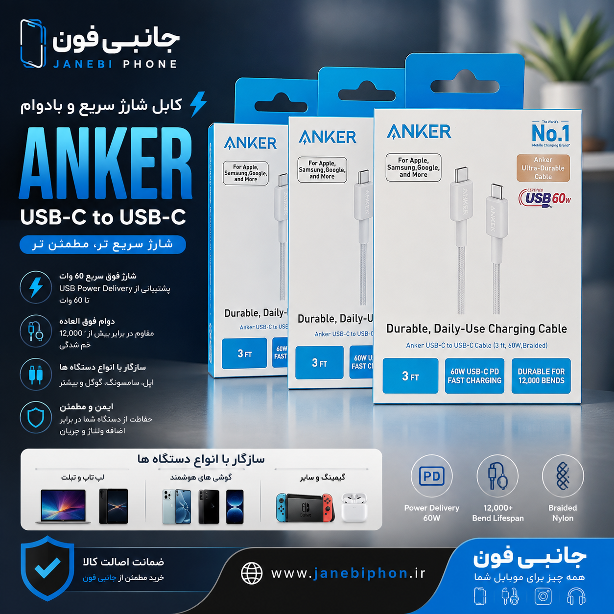 کابل شارژ و انتقال داده ANKER USB-C to USB-C | 60W
